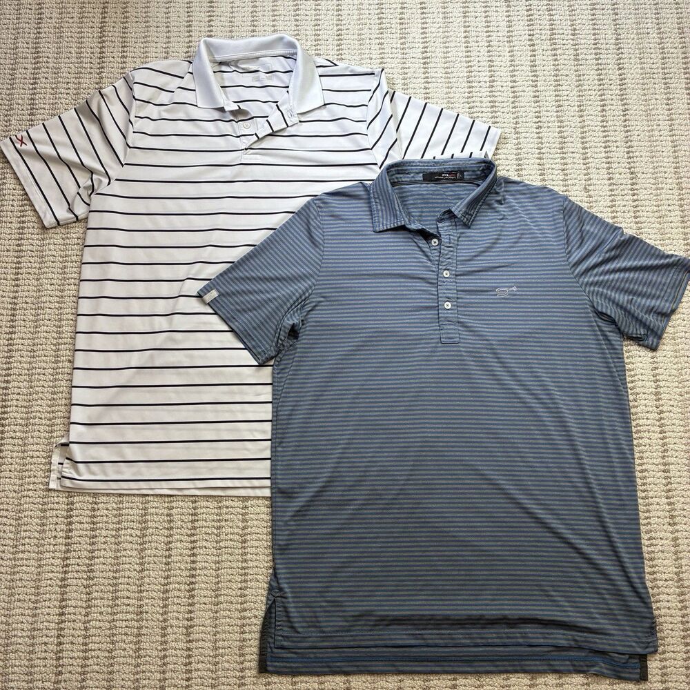 Lot 2 RLX Ralph Lauren Golf Polo Shirt Blue White Striped Mens L Performance
